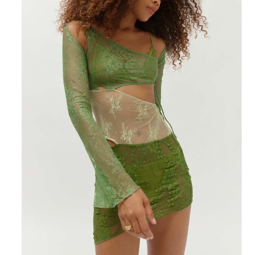 Jaded London Siren sheer Mixed Lace Mini Dress Green Long Sleeve Cut Out 4 NWT